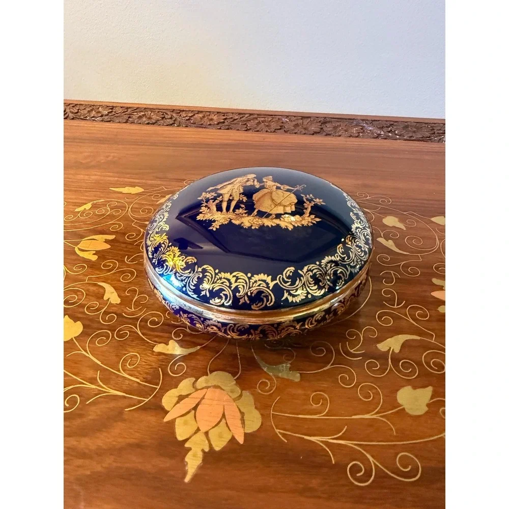 Vintage Limoges Cobalt Blue Gold Trinket Box, French Porcelain 4.5